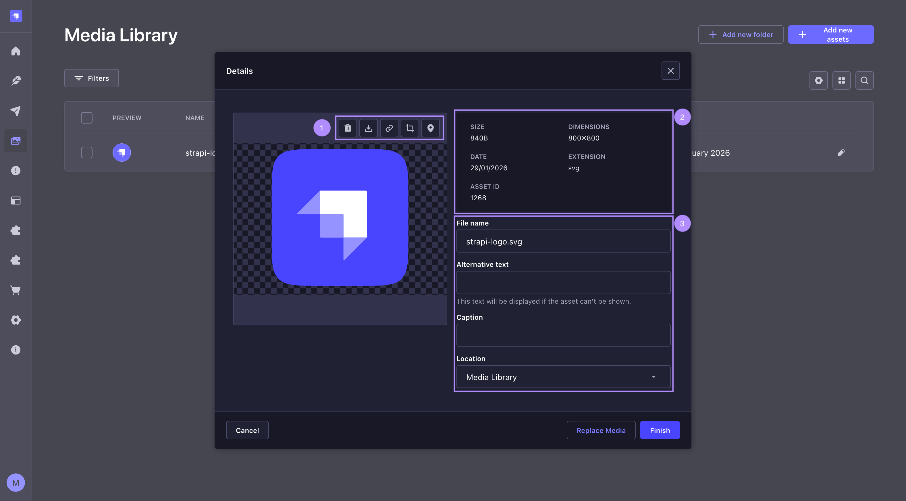 Annotated asset details window screenshot